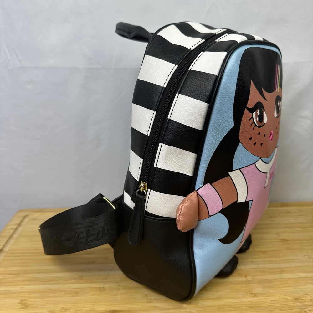 Luv Betsey Johnson Soccer Girl Mini Backpack Black White Striped Character Bag - Picture 4 of 11